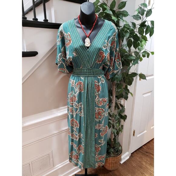 Knox Rose Women's Multi Floral Pleated V Neck Short Sleeve Long Maxi Dress Small - Picture 1 of 16